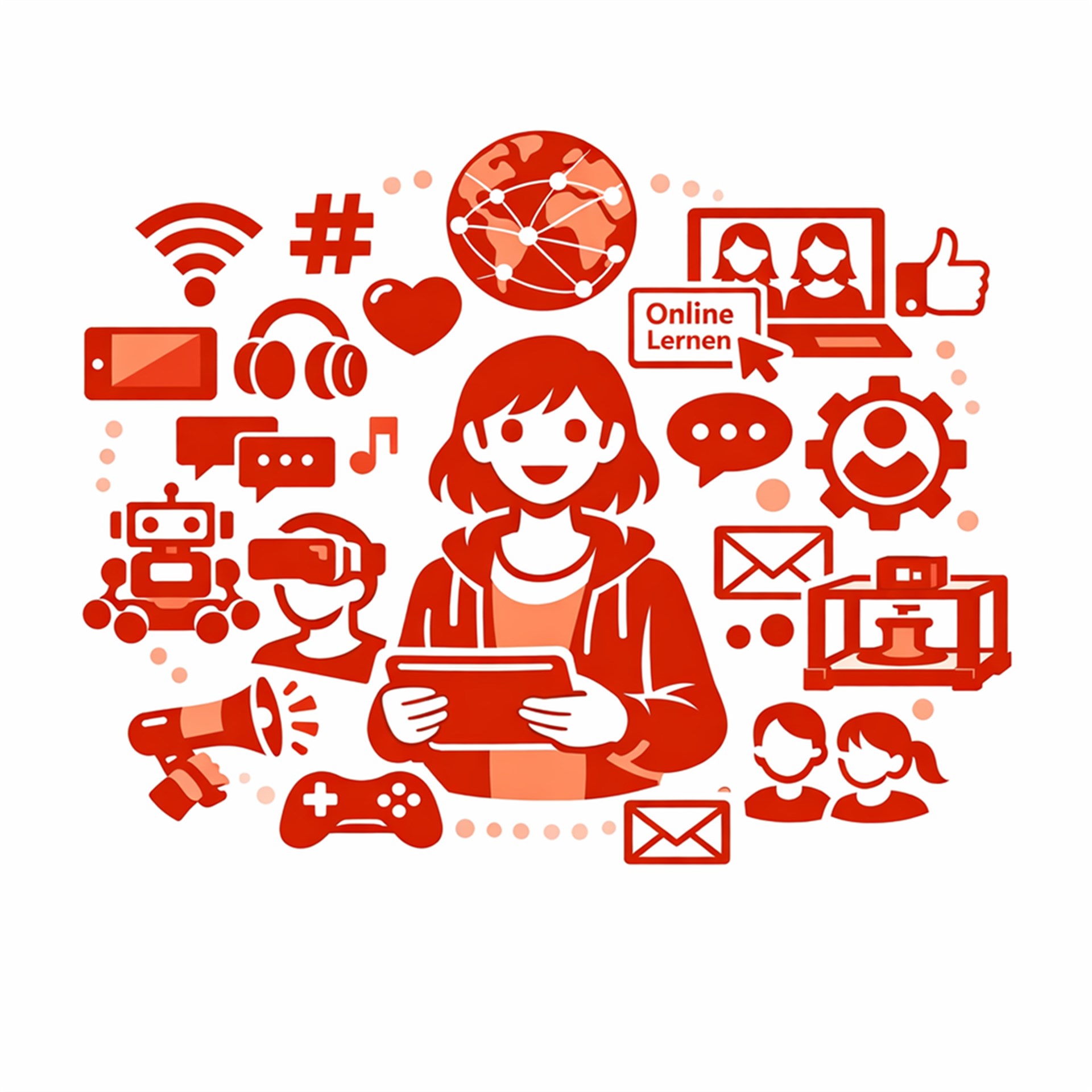 Das Bild zeigt mit einer ganzen Reihe von Piktogrammen die Vielfalt der Herausforderungen bei der digitalen Teilhabe. In der Mitte steht eine gezeichnete junge Frau, die in der Mitte der Elemente der digitalen Teilhabe, die sich darüber freut dabei zu sein. Das Bild ist in verschiedenen Rottönen gezeichnet. 