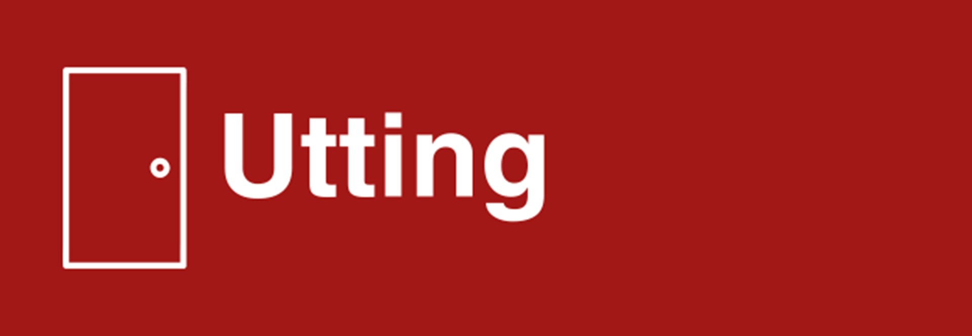 Der rechteckige rote Banner zeigt eine mit weißen Linien gezeichnete Tür. Rechts daneben steht der Ortsname Utting.