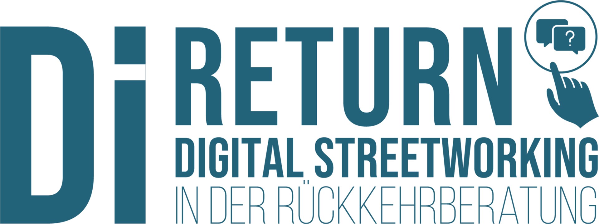 Das Bild zeigt das Wortlogo von DiReturn. Es zeigt die Wörte DiReturn Digital Streetwork in der Rückkehrberatung. Rechts oben sieht man eine Hand mit dem Zeigefinger, die auf zwei Sprechblasen mit Fragezeichen in einem Kreis zeigt. Die Farbe ist dunkeltürkis. 