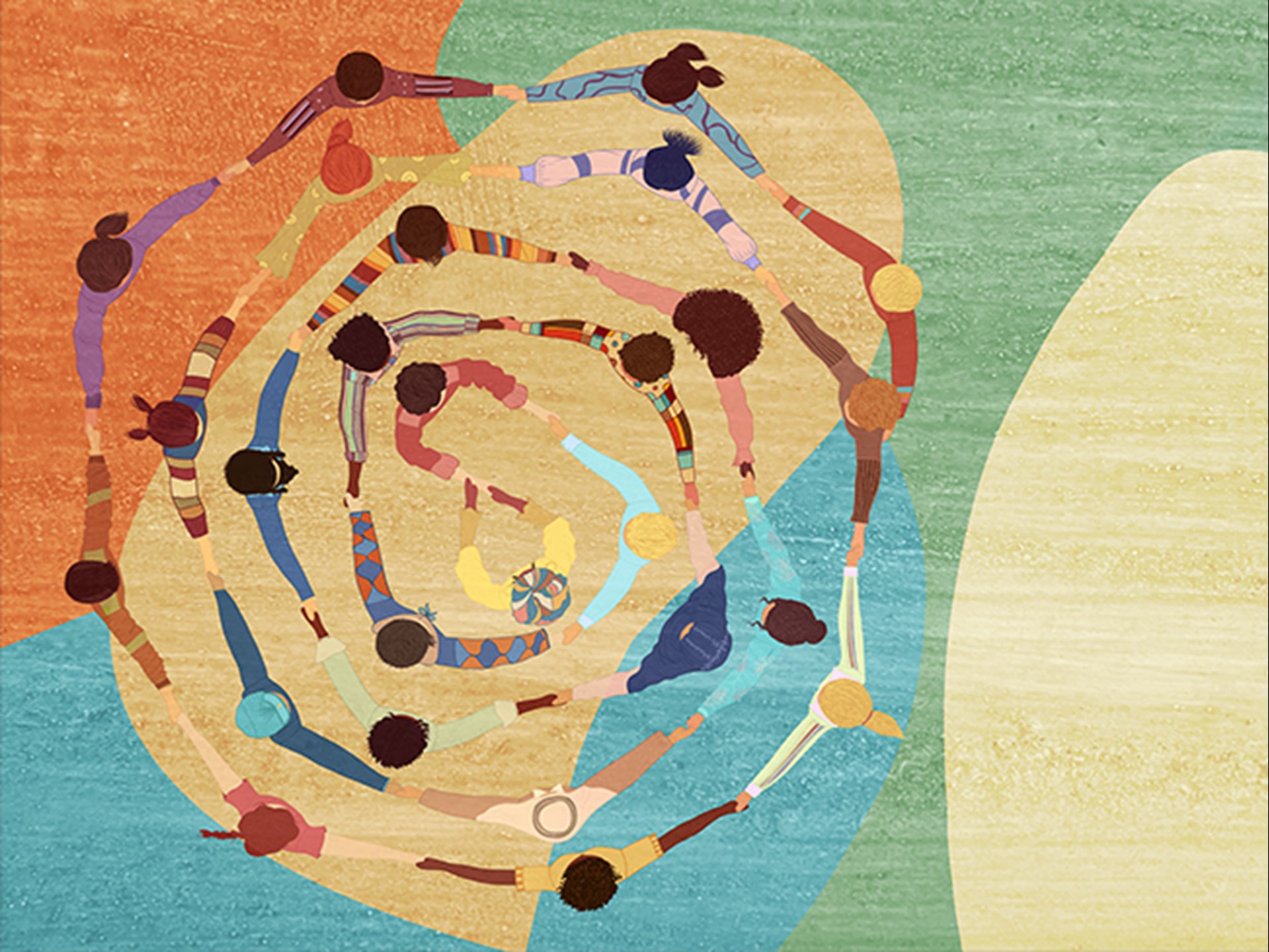 Diese Zeichnung zeigt eine Spirale, die von Menschen unterschiedlicher Nationalität. gebildet wird. Sie fängt in der Mitte klein an und weitert sich nach außen. Die Menschen bilden so fünf Kreise und symbolisieren damit die Kontinente Afrika, Amerika, Australien, die Antarktis und Europa. Die Zeichnung ist eingebettet in den Farben der Elemente Erde (grün), Wasser (blau), Feuer (orangerot) und Luft (hier ein helles mattes Gelb). 