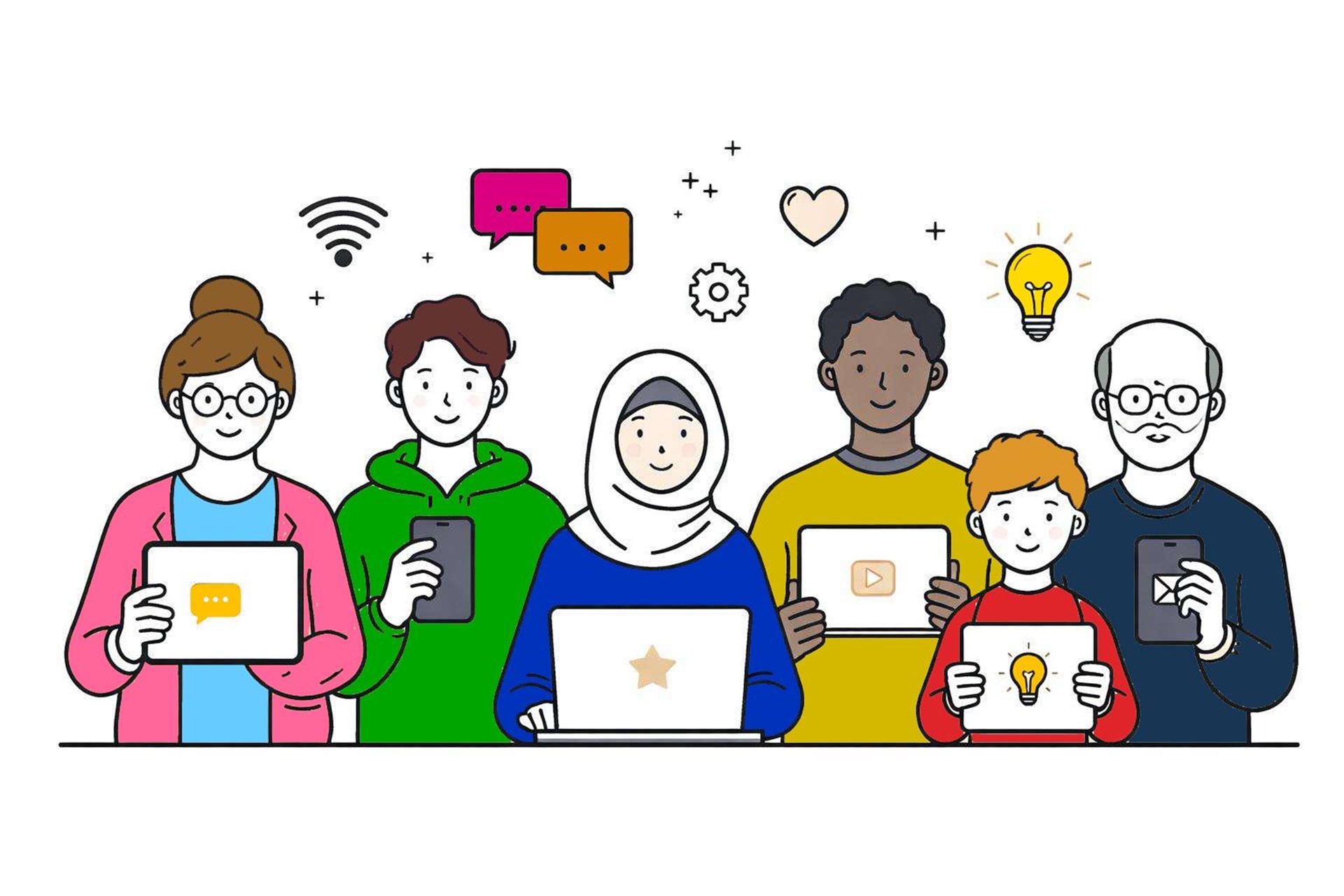 Diese Zeichnung zeigt mehrere Menschen unterschiedlichen Alters und Geschlechts  sowie mit unterschiedlicher Herkunft. Alle halten ein Gerät als Symbol für ihre Teilhabe an der digitalen Welt. 