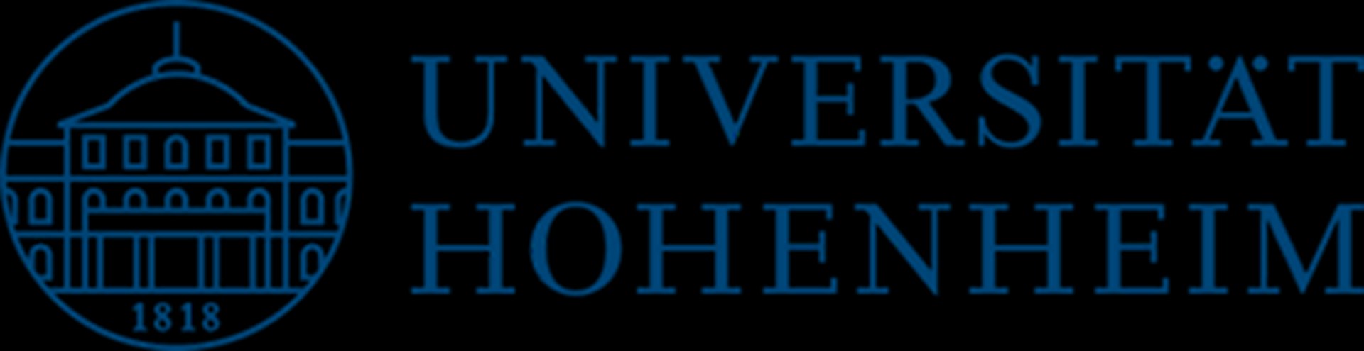 Das Bild zeigt das Logo der Universität Hohenheim bei Stuttgart. Links wird das klassizistische Portal der Universität stilisiert in einem Kreis gezeigt. Rechts davon steht der Schriftzug Universität Hohenheim. Die Farbe der Zeichnung und des Schriftzuges sind dunkelblau. 