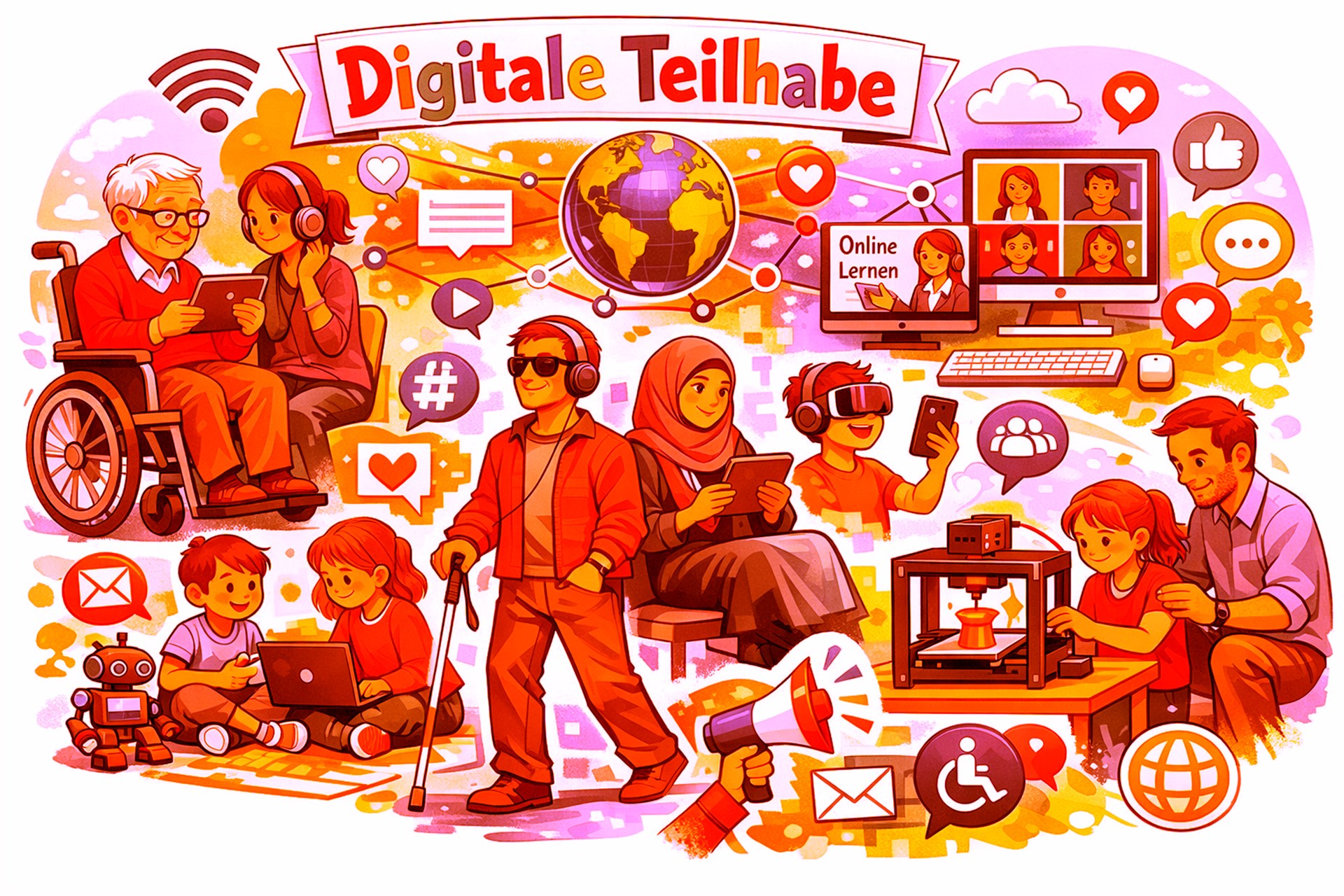 Das Bild zeigt die Vielfalt der Menschen und auch der Möglichkeiten der digitalen Teilhabe - ob alt, ob blind, ob fremd, ob noch ein Kind. 